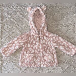 Girls 12M Pink & White Fuzzy Animal Print Jacket - Zip Up Hooded Pockets & Ears